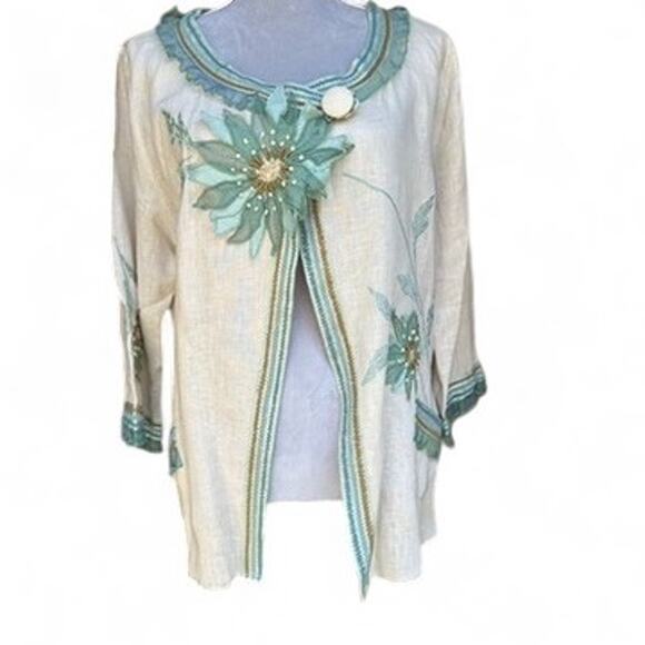 COVELO 100% Linen Embroidered Floral Jacket Size 12 Beige Aqua Boho Artsy - Picture 1 of 9